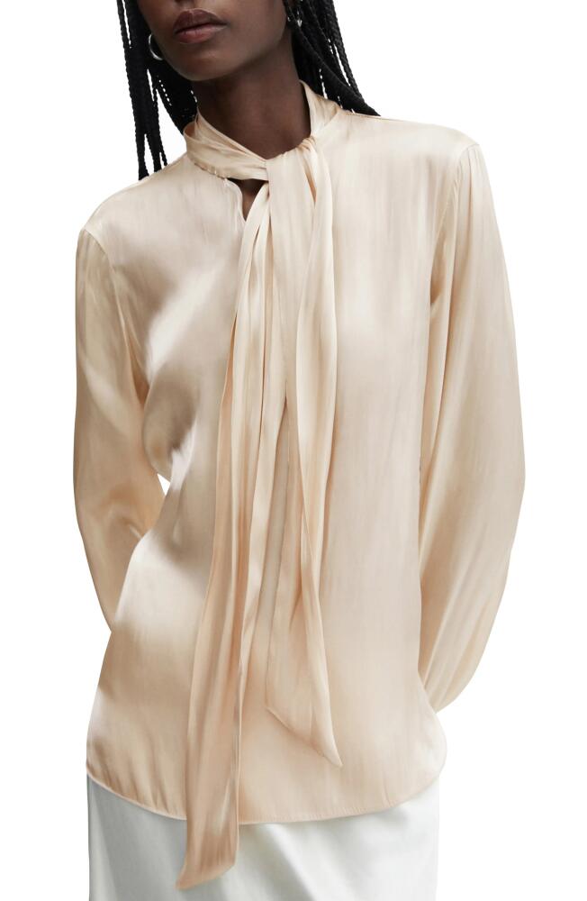 MANGO Tie Neck Satin Shirt in Gold Cover