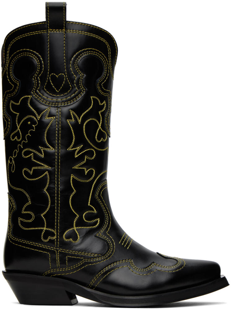 GANNI Black Mid Shaft Embroidered Western Boots Cover