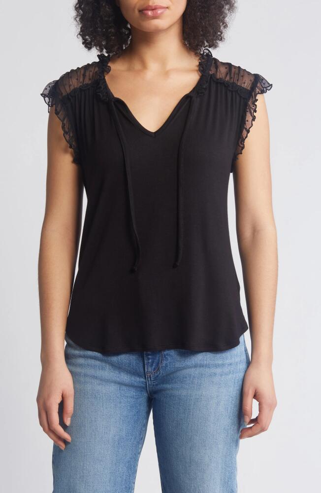 Loveappella Point d'Esprit Ruffle Knit Top in Black Cover