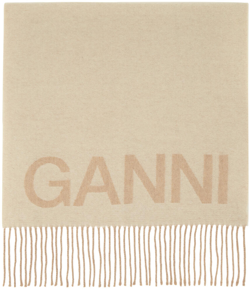 GANNI Beige Fringe Logo Scarf Cover