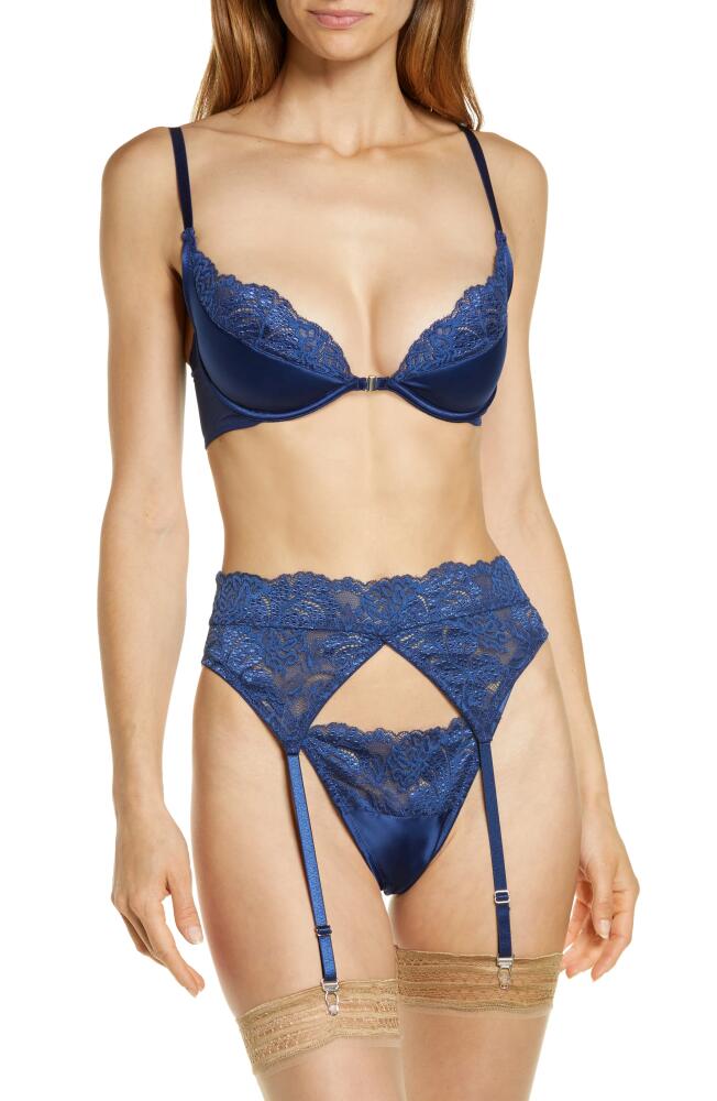 Coquette Underwire Bra, Garter Belt & Thong Set in Navy Cover