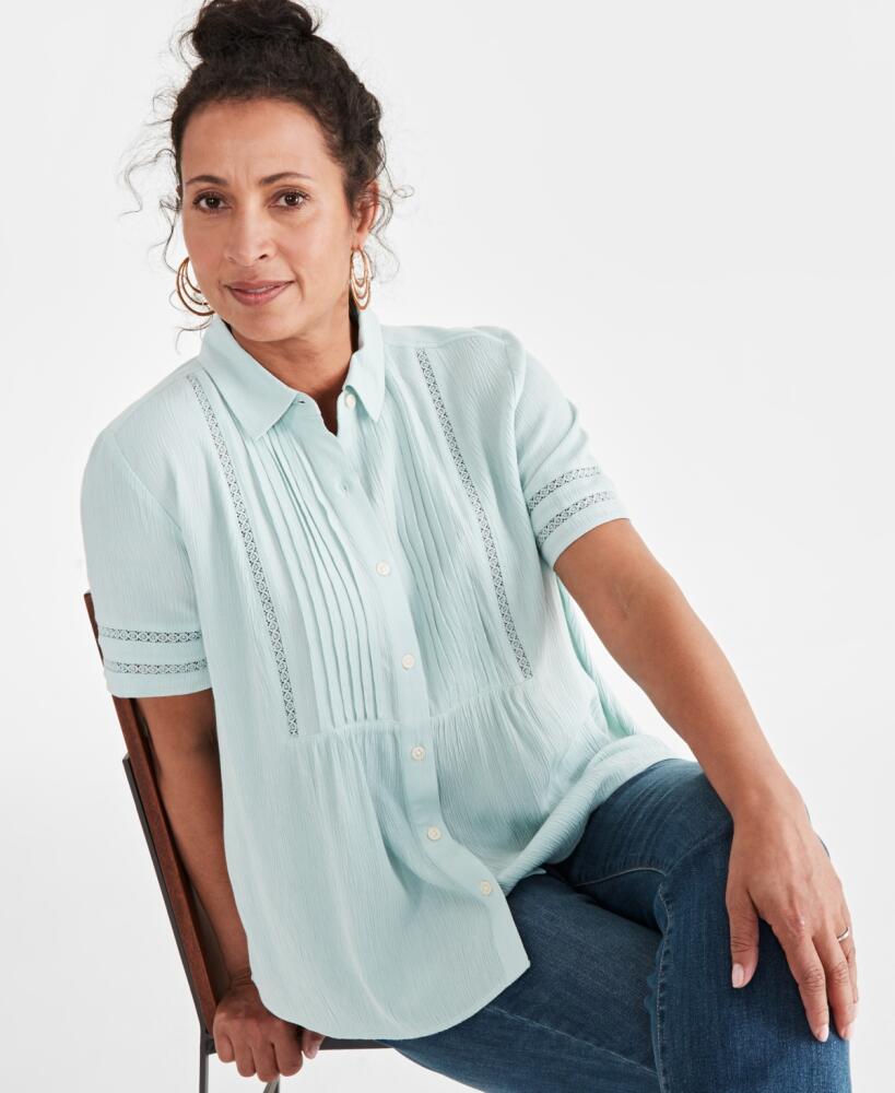 Style & Co Women's Pintuck Short-Sleeve Button-Front Shirt, Created for Macy's - Harbor Gray Cover