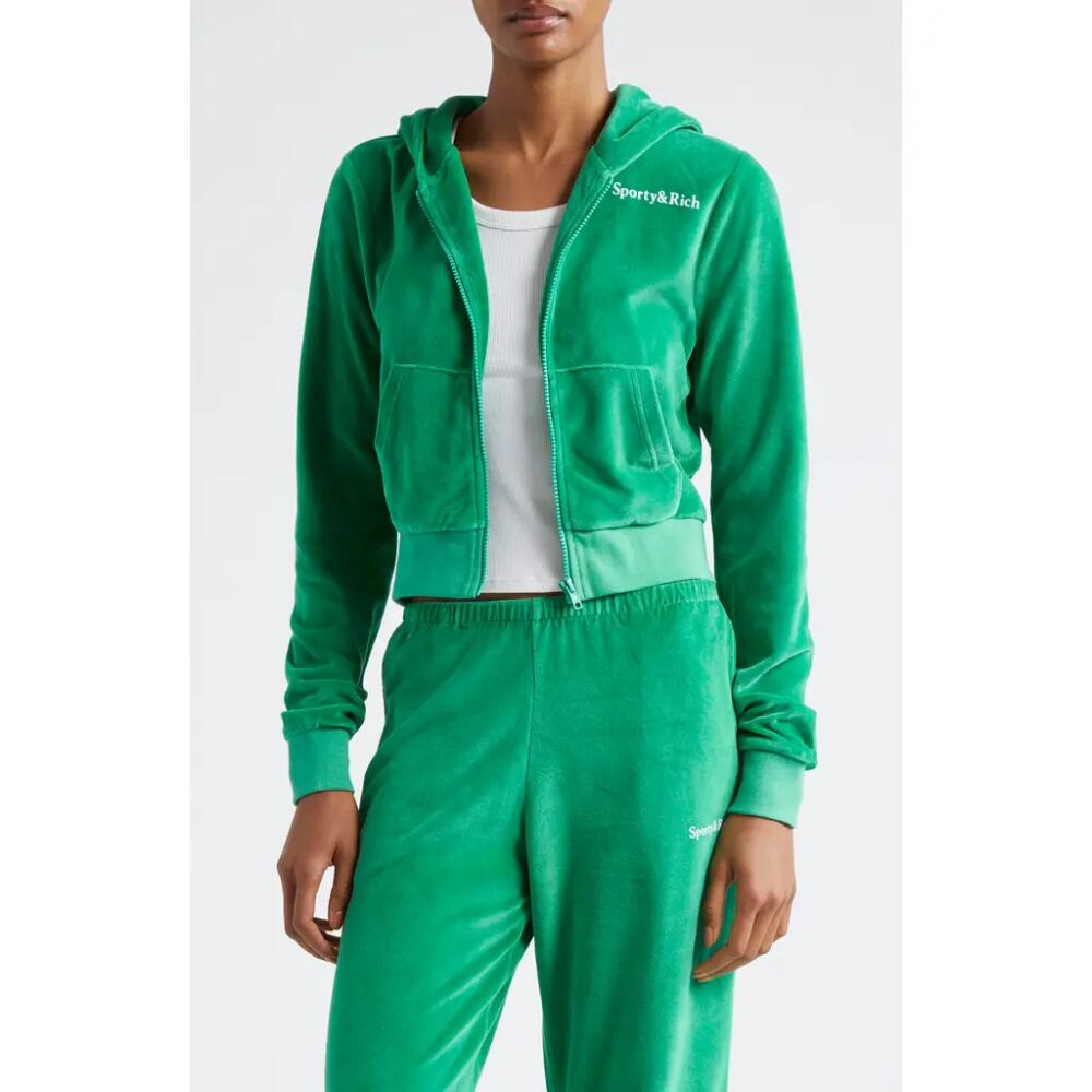 Sporty & Rich Health Cotton Velour Graphic Zip-Up Hoodie in Verde Cover