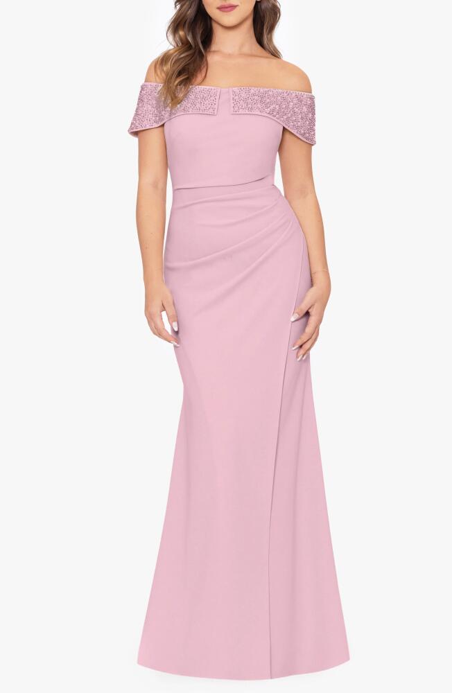 Betsy & Adam Bead Detail Off the Shoulder Scuba Crepe Sheath Gown in Rose/Pearl Cover