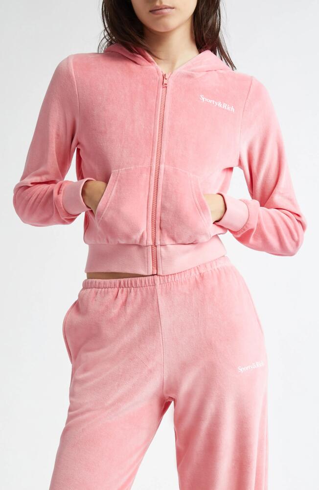 Sporty & Rich Health Crop Cotton Velour Zip-Up Hoodie in Cotton Candy Cover