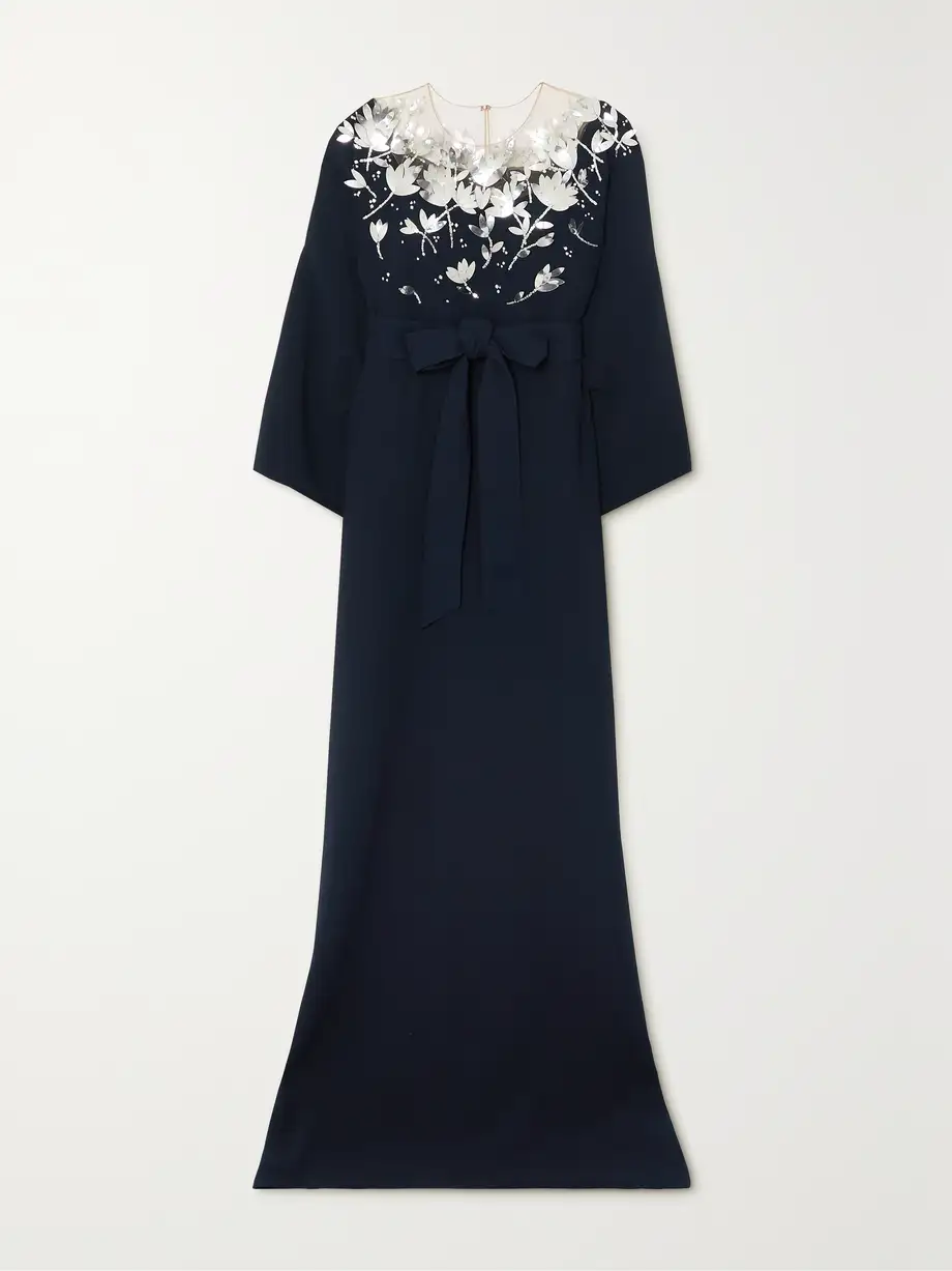 Oscar de la Renta - Belted Embellished Tulle-trimmed Stretch-silk Crepe Maxi Dress - Blue Cover