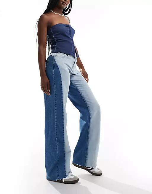 Noisy May color block wide leg jeans in mid wash-Blue Cover