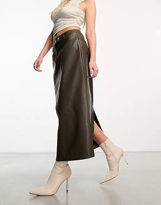 NA-KD faux leather midi skirt in dark olive-Green Cover