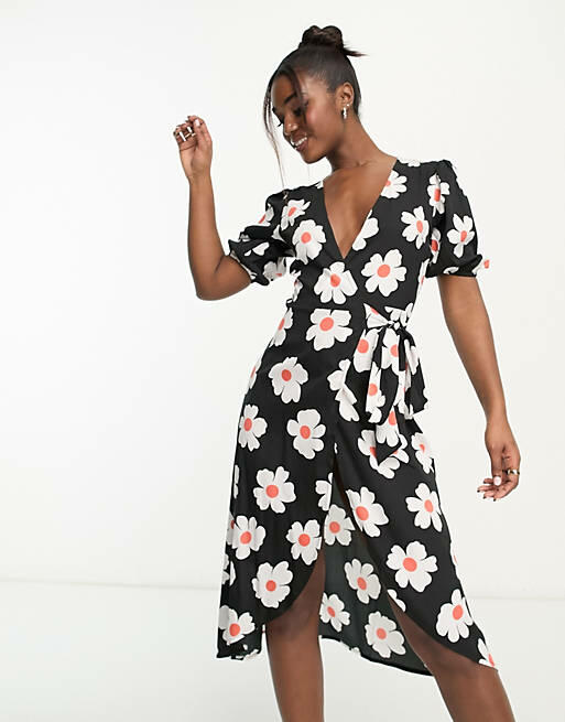 Influence wrap front midi dress in floral print-White Cover