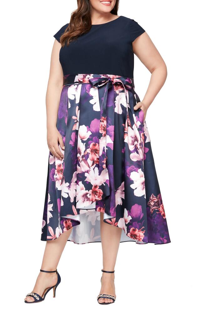 SL FASHIONS Floral Tie Belt High-Low Cocktail Dress in Navy Multi Cover