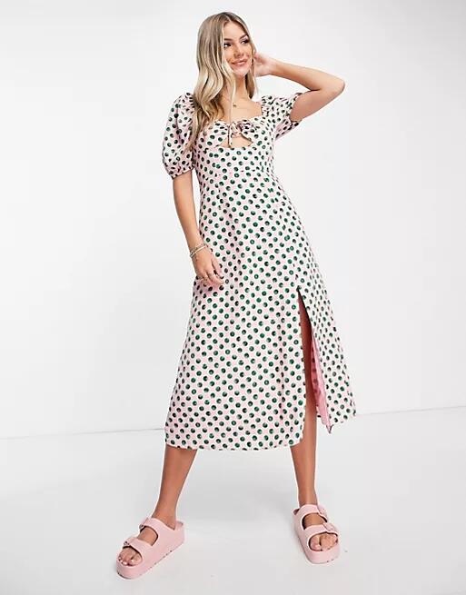 The Frolic milkmaid midaxi dress with tie bust detail in watercolor spot-Pink Cover