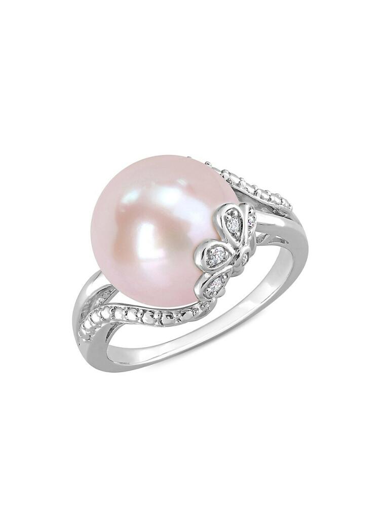 Sonatina Women's Sterling Silver, 12-12.5mm Pink Freshwater Pearl & Diamond Ring Cover