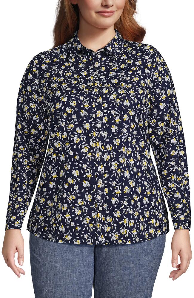 Lands' End Plus Size No Iron Button Front Shirt in Deep Sea Navy Floral Cover