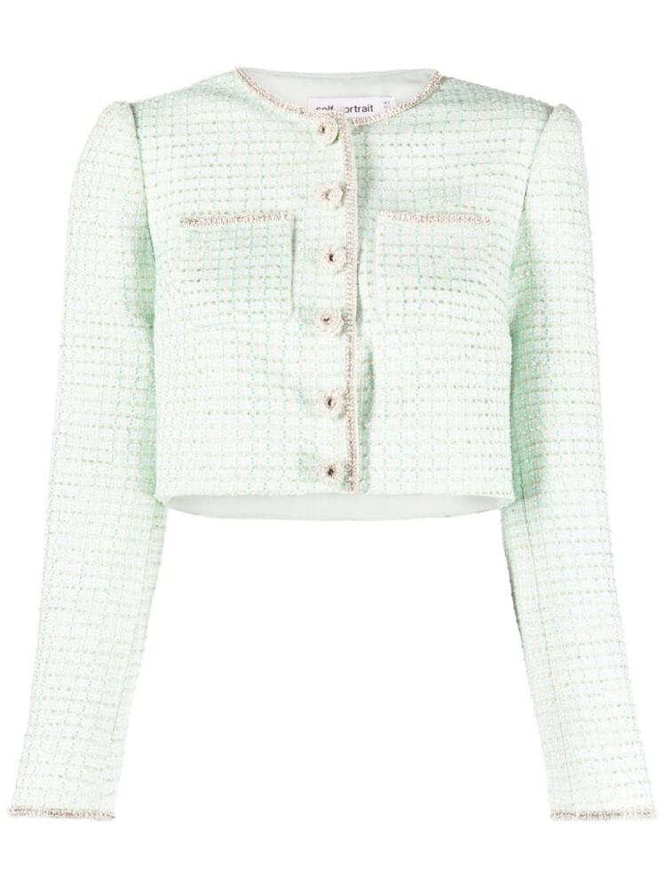 Self-Portrait crystal-trim tweed cropped jacket - Blue Cover