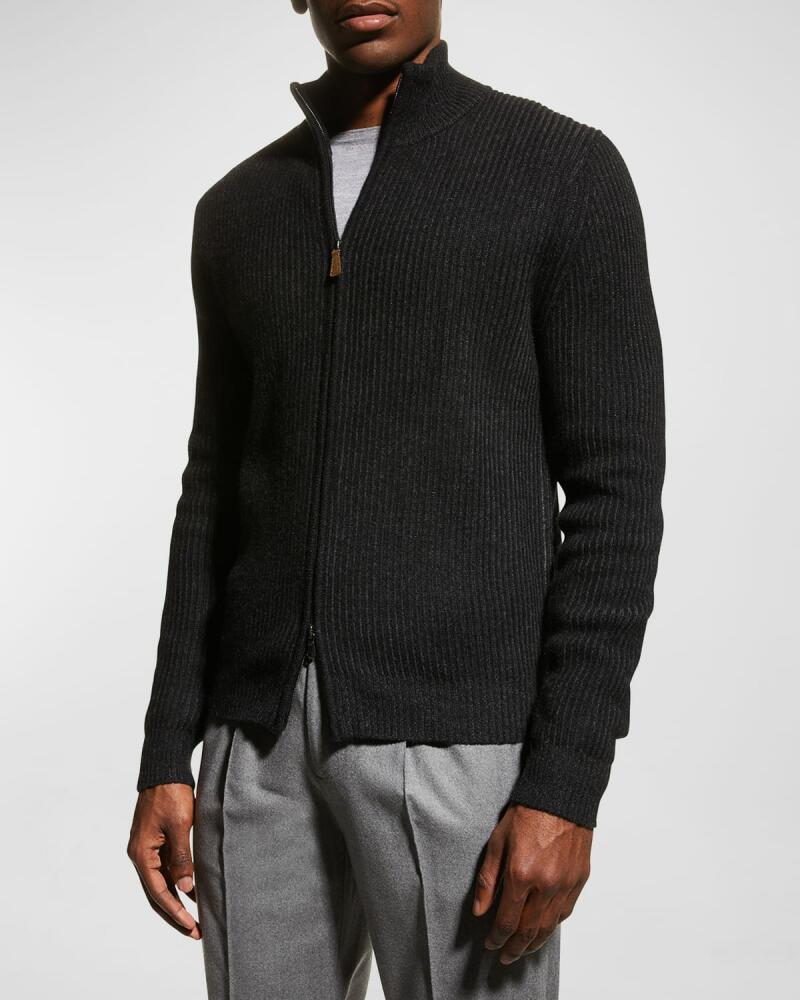 Neiman Marcus Men's Ribbed Full-Zip Cashmere Sweater Cover