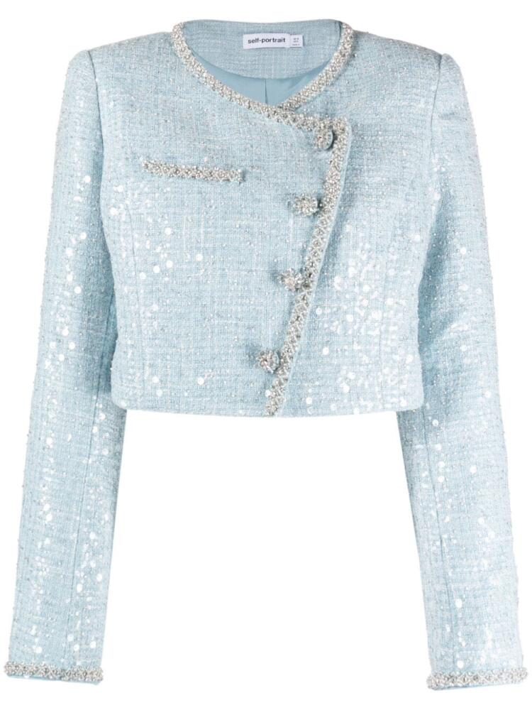 Self-Portrait sequined bouclé cropped jacket - Blue Cover