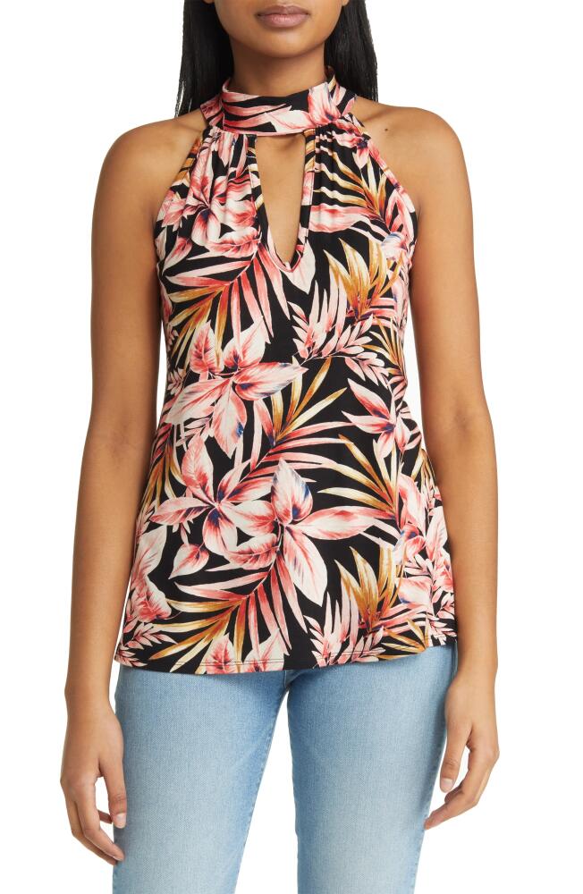 Loveappella Palm Print Cutout Mock Neck Halter Top in Black/Marsala Cover