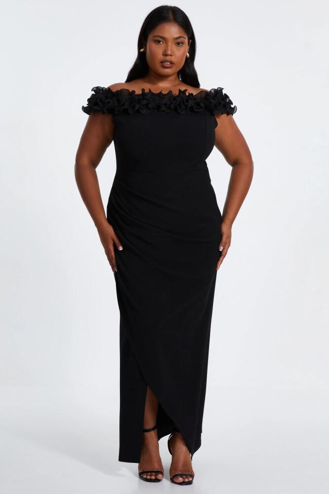 QUIZ Plus Size Scuba Crepe Ruffle Bardot Maxi Dress in Black Cover