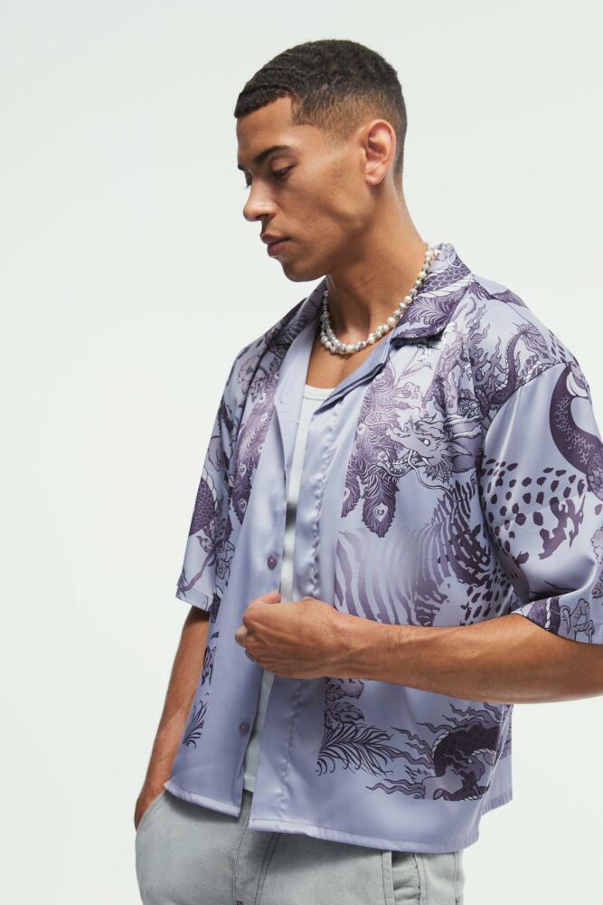 boohoo Mens Boxy Printed Satin Revere Shirt - Purple Cover