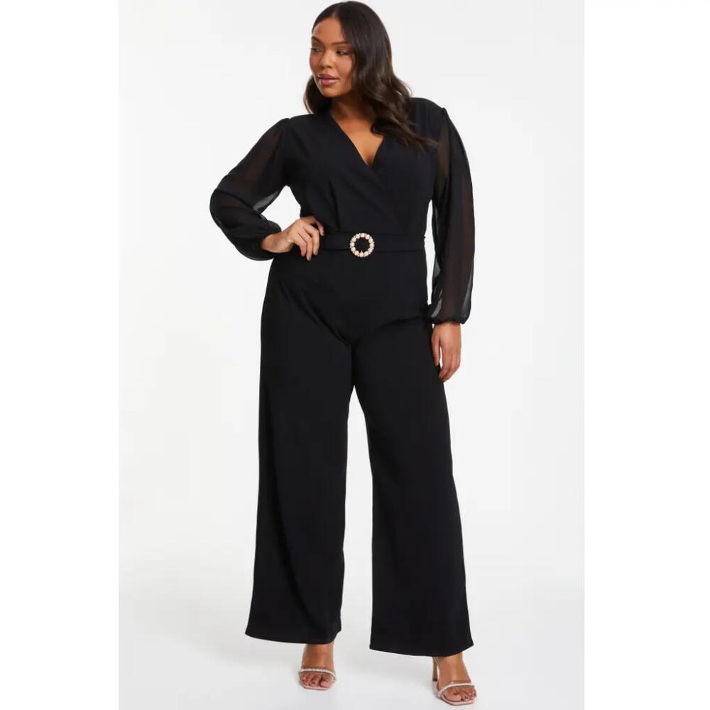 QUIZ Buckle Detail Chiffon Sleeve Palazzo Jumpsuit in Black Cover