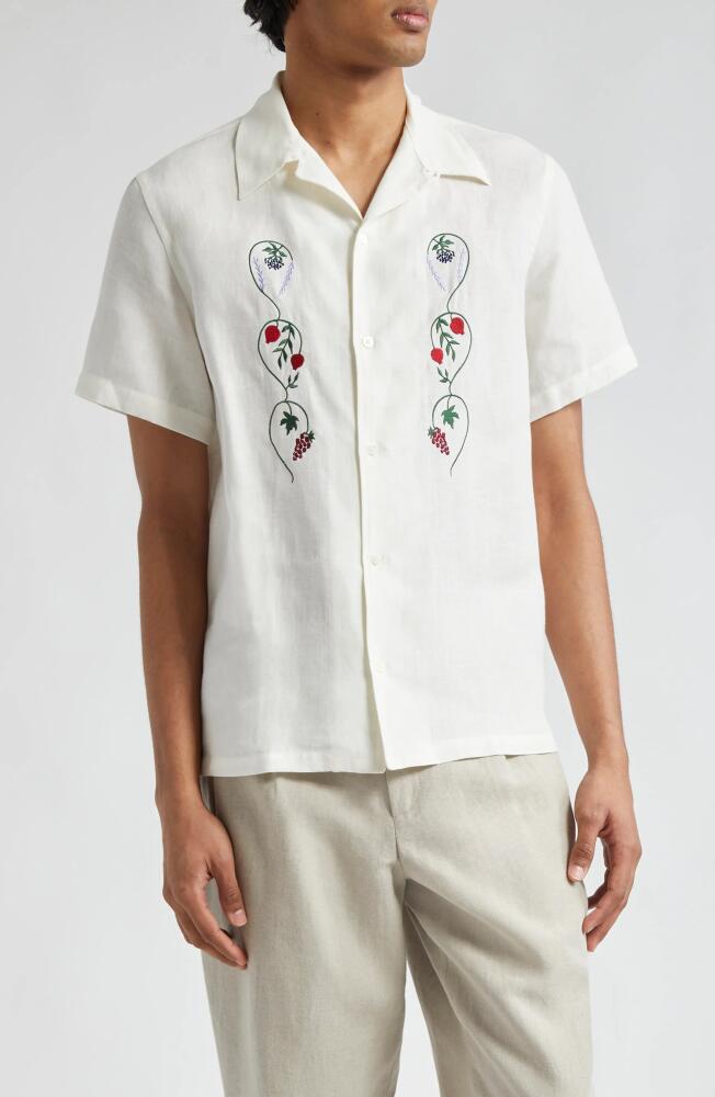 De Bonne Facture Embroidered Linen Camp Shirt in Garden Of Eden White Cover