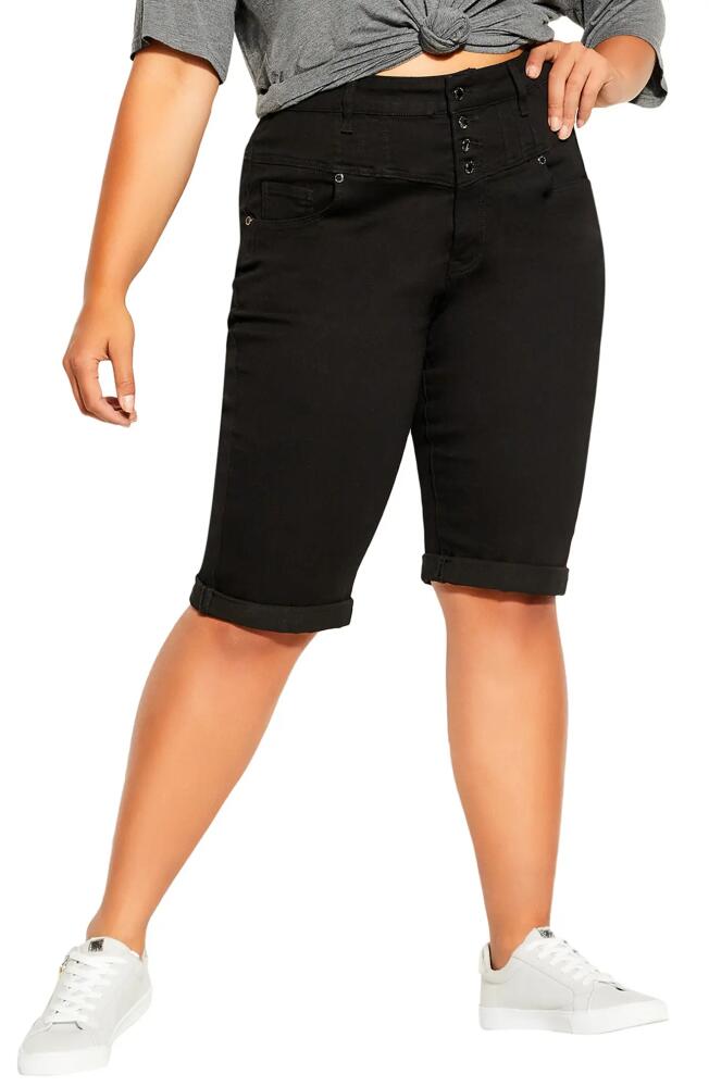 City Chic High Waist Cuffed Denim Bermuda Shorts in Black Cover