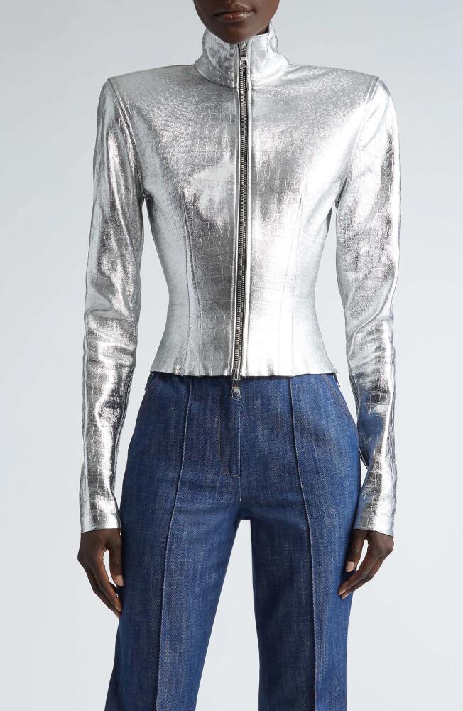 LaQuan Smith Croc Embossed Metallic Leather Jacket in Silver Cover