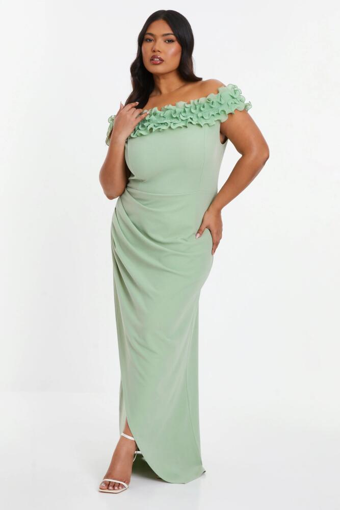 QUIZ Ruffle Bardot Ruched Maxi Dress in Green Cover