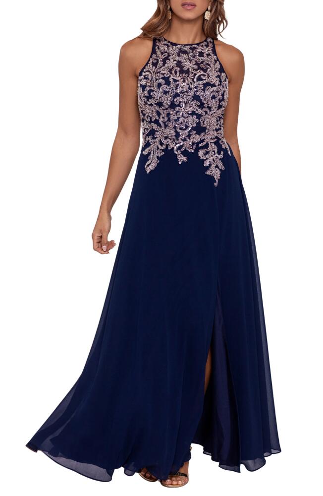 Betsy & Adam Embellished Bodice Chiffon Gown in Navy/Rose Cover