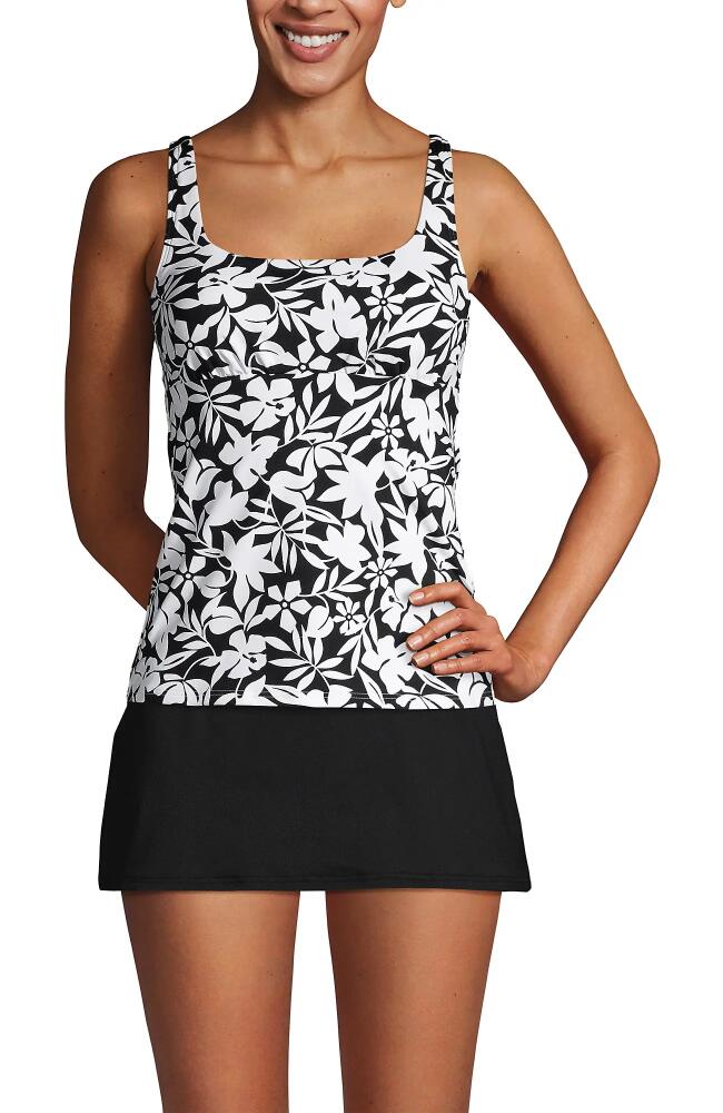 Lands' End Square Neck Underwire Tankini Top Swimsuit Adjustable Straps in Black Havana Floral Cover