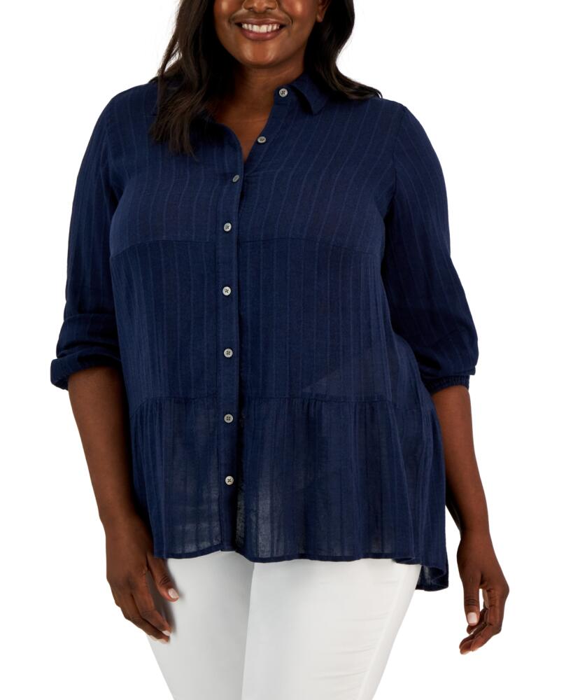 Style & Co Plus Size Long-Sleeve Tiered Tunic Shirt, Created for Macy's - Industrial Blue Cover