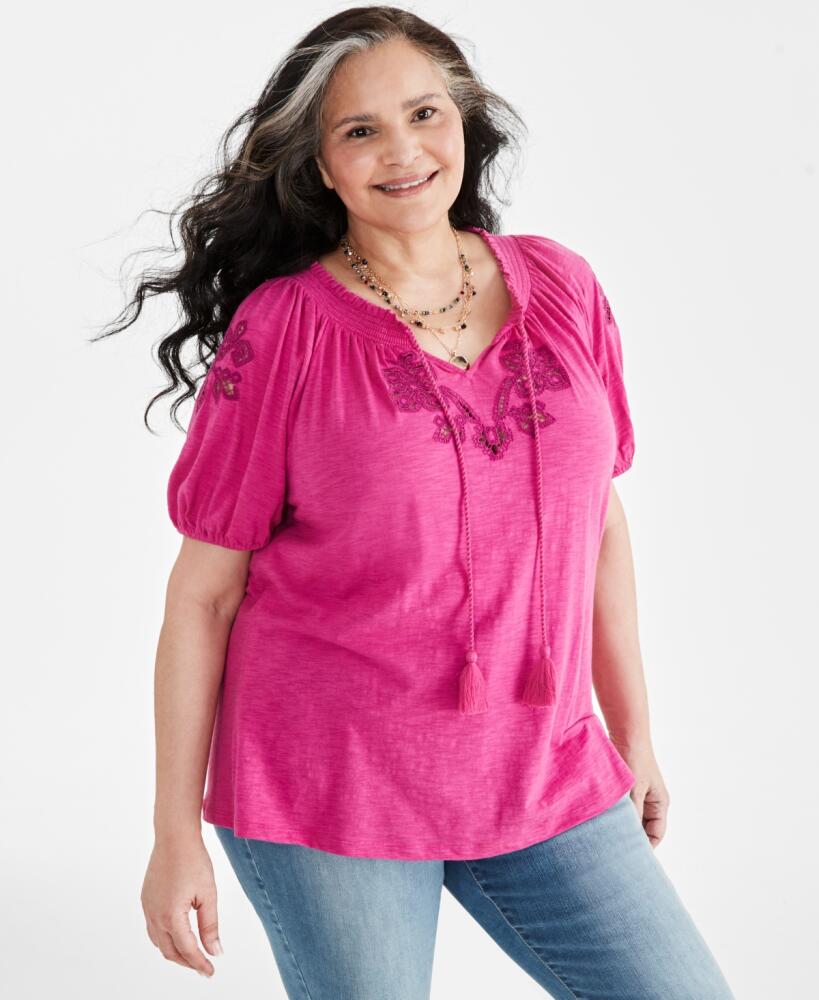 Style & Co Plus Size Embroidered Split-Neck Puff-Sleeve Top, Created for Macy's - Sandy Fuchsia Cover