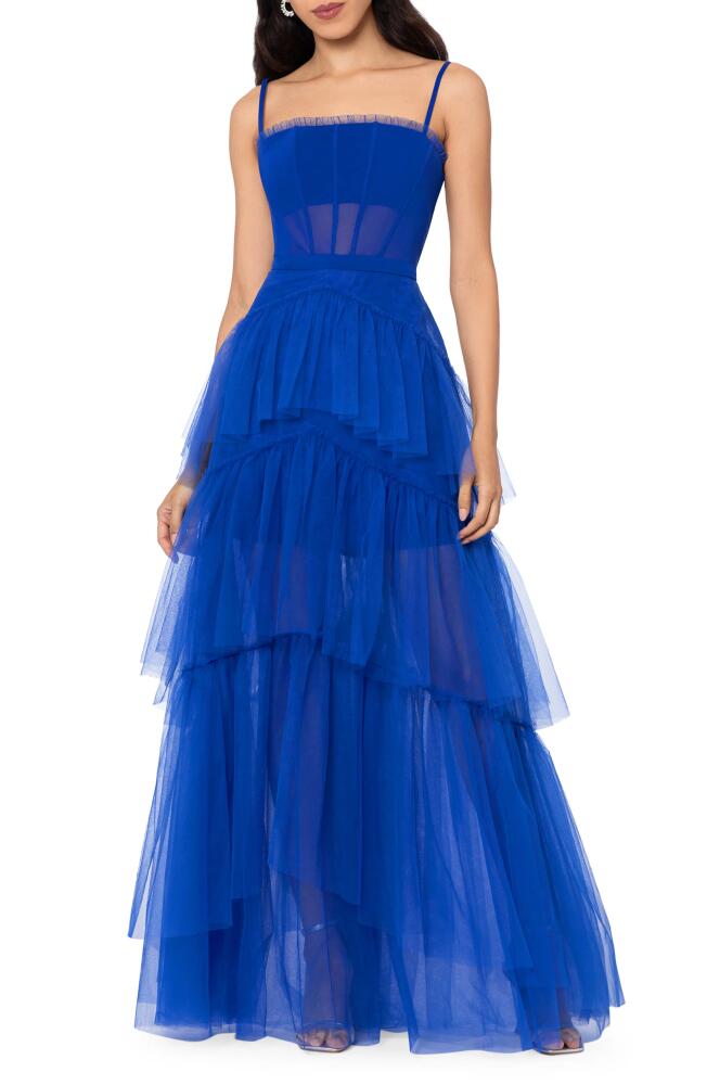 Betsy & Adam Tiered Tulle Ruffle Gown in Royal Cover