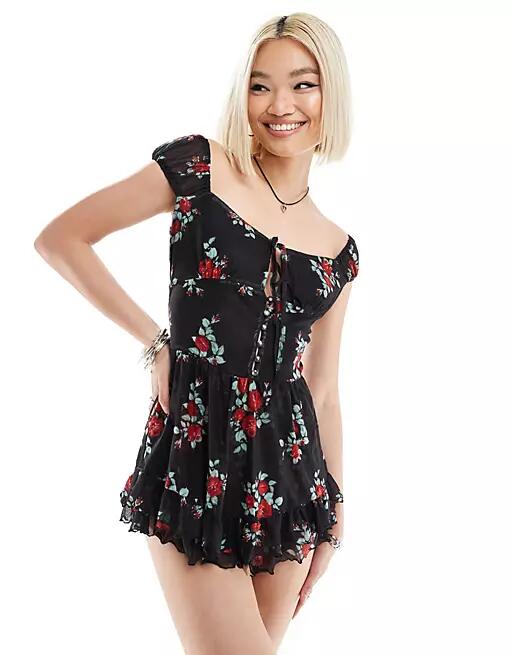 Daisy Street cap sleeve tie front flippy mesh romper in black rose-Multi Cover