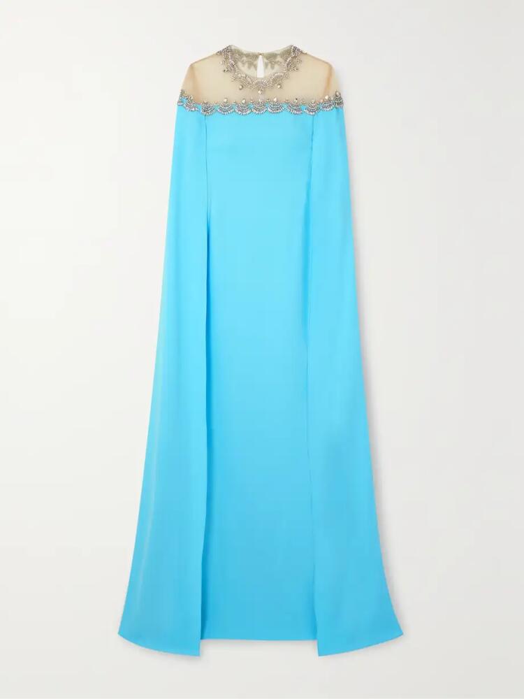 Oscar de la Renta - Crystal-embellished Tulle-trimmed Stretch-silk Satin Gown - Blue Cover