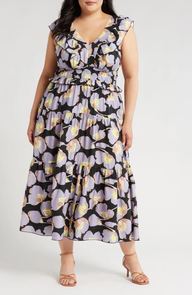 MELLODAY Floral Tiered Maxi Dress in Black Lilac Floral Cover