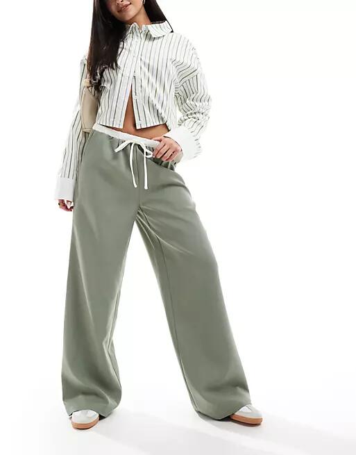 Kaiia drawstring contrast waist wide leg pants in sage-Multi Cover