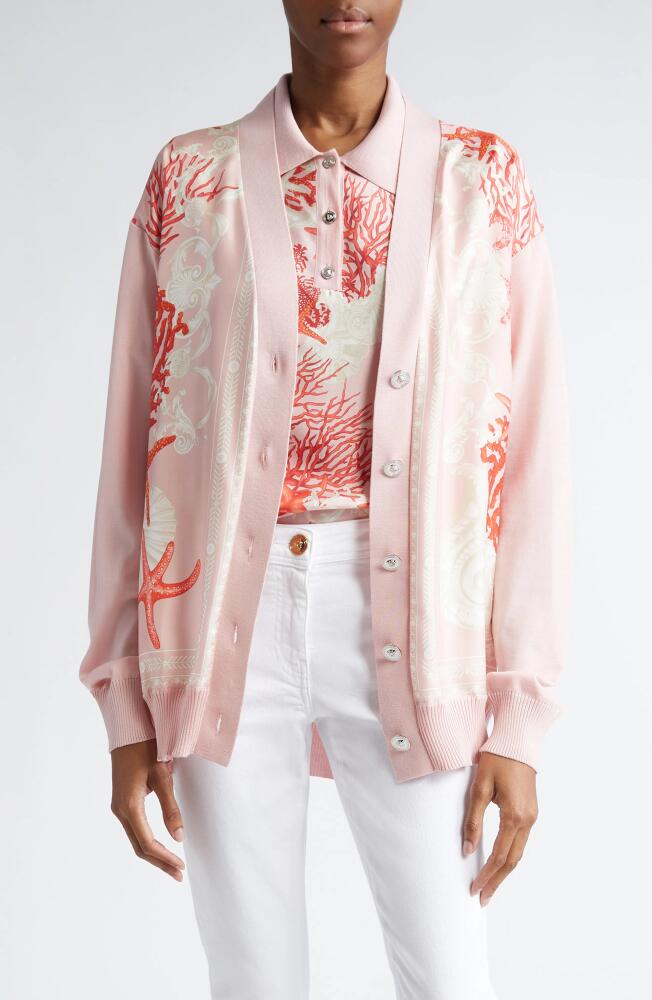 Versace La Vacanza Print Mixed Media Silk Twill & Virgin Wool Blend Cardigan in Dusty Rose Coral Bone Cover