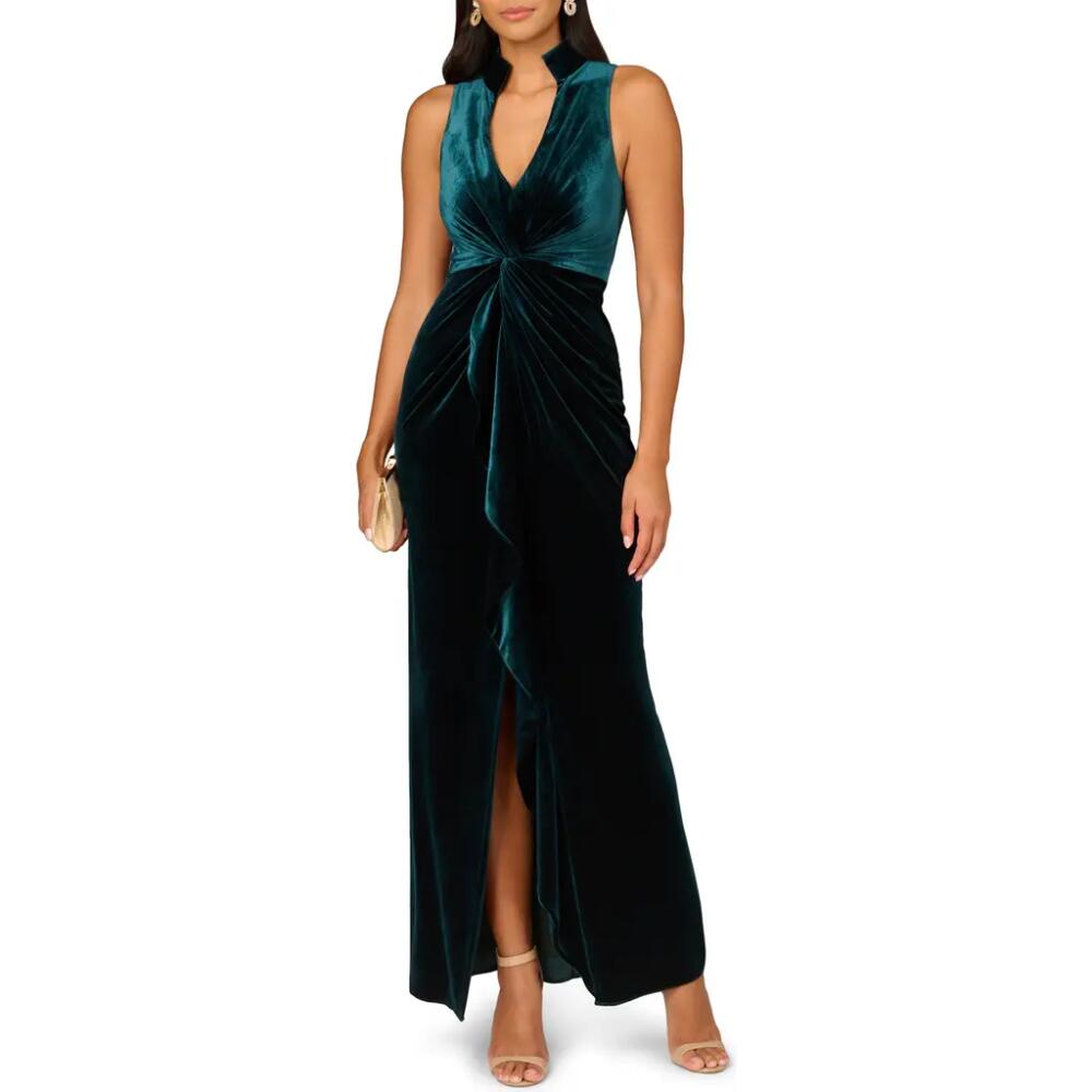 Aidan Mattox by Adrianna Papell Twist Detail Stand Collar Sleeveless Velvet Tulip Gown in Hunter Cover