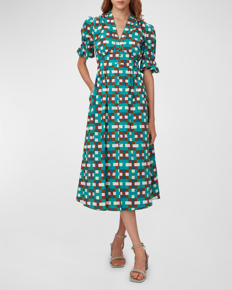 Diane von Furstenberg Erica Geometric-Print Puff-Sleeve Midi Dress Cover