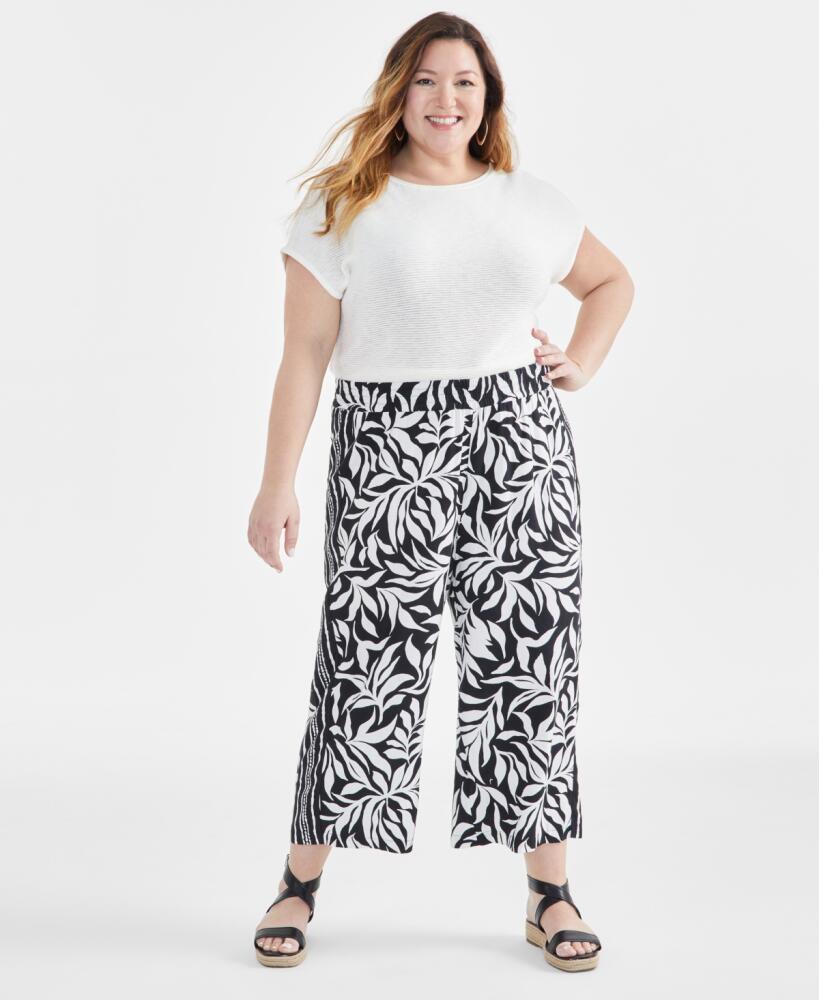 Style & Co Plus Size Linen-Blend Printed Wide-Leg Cropped Pants, Created for Macy's - Deep Black Cover