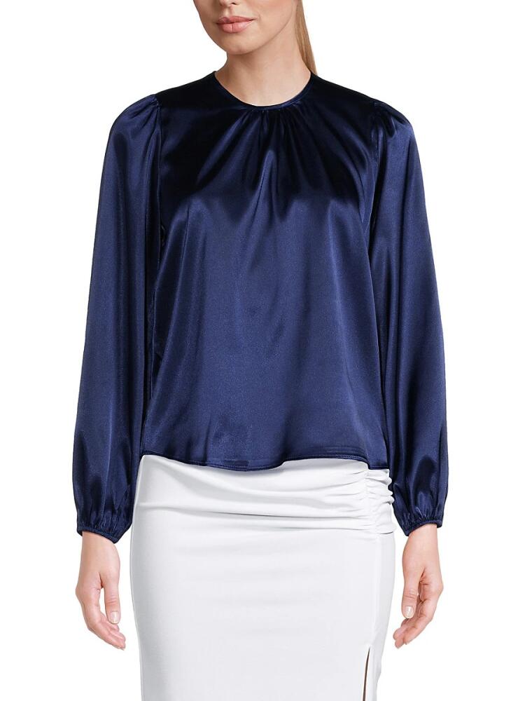 Love Ady Women's Puff Sleeve Satin Blouse - Navy Cover