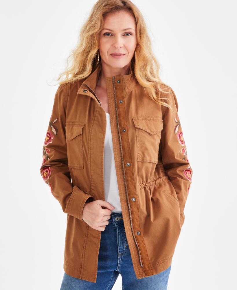 Style & Co Women's Embroidered-Sleeve Field Jacket, Created for Macy's - Bloom Caramel Cover