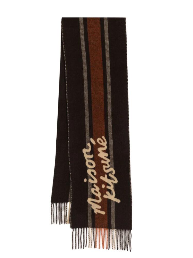 Maison Kitsuné logo-intarsia colour-block wool scarf - Brown Cover