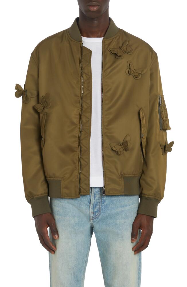 Valentino Giubbino 3D Butterfly Appliqué Bomber Jacket in Olive Cover