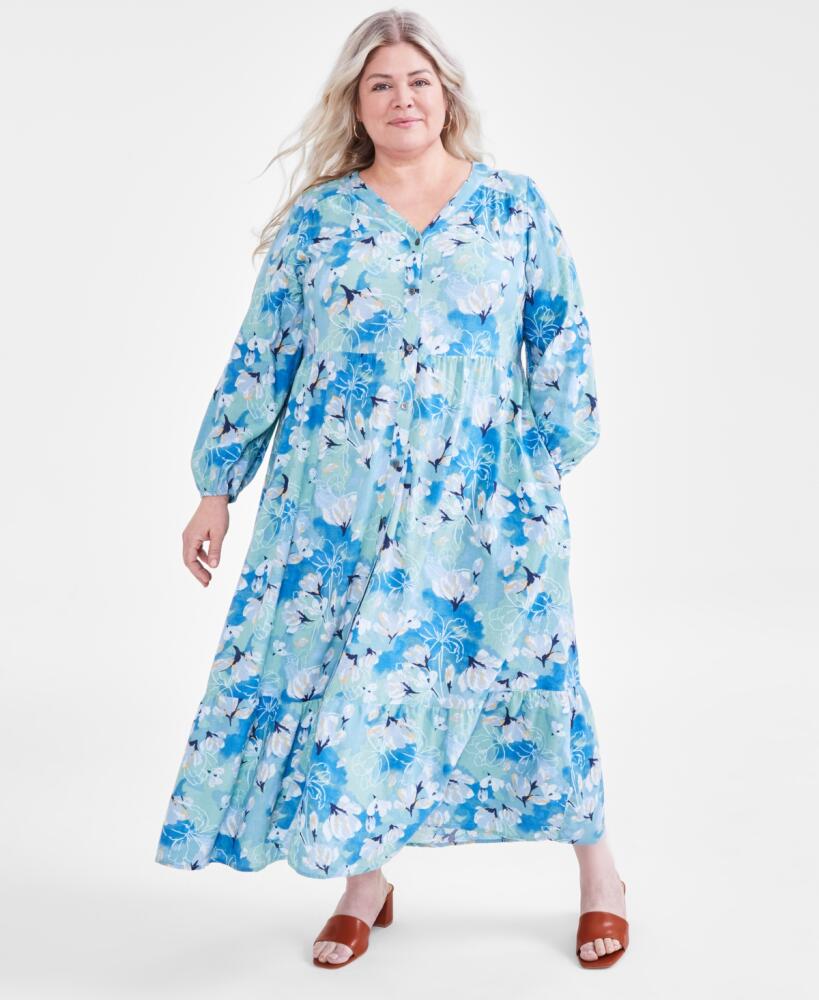 Style & Co Plus Size Floral-Print Tiered Linen-Blend 3/4-Sleeve Dress, Created for Macy's - Arles Floral Teal Cover