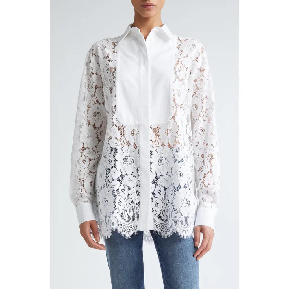 Michael Kors Collection Plastron Floral Lace Button-Up Shirt in Optic White Cover