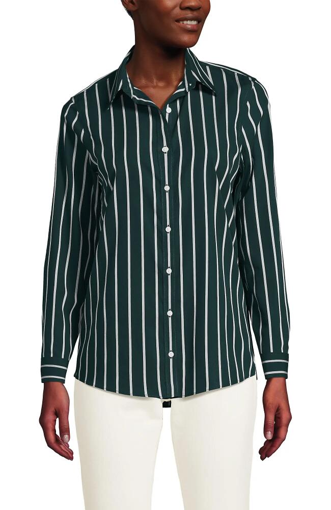 Lands' End No Iron Supima Cotton Long Sleeve Shirt in Deep Forest Wide Stripe Cover