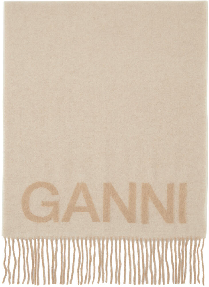 GANNI Beige Fringed Wool Scarf Cover