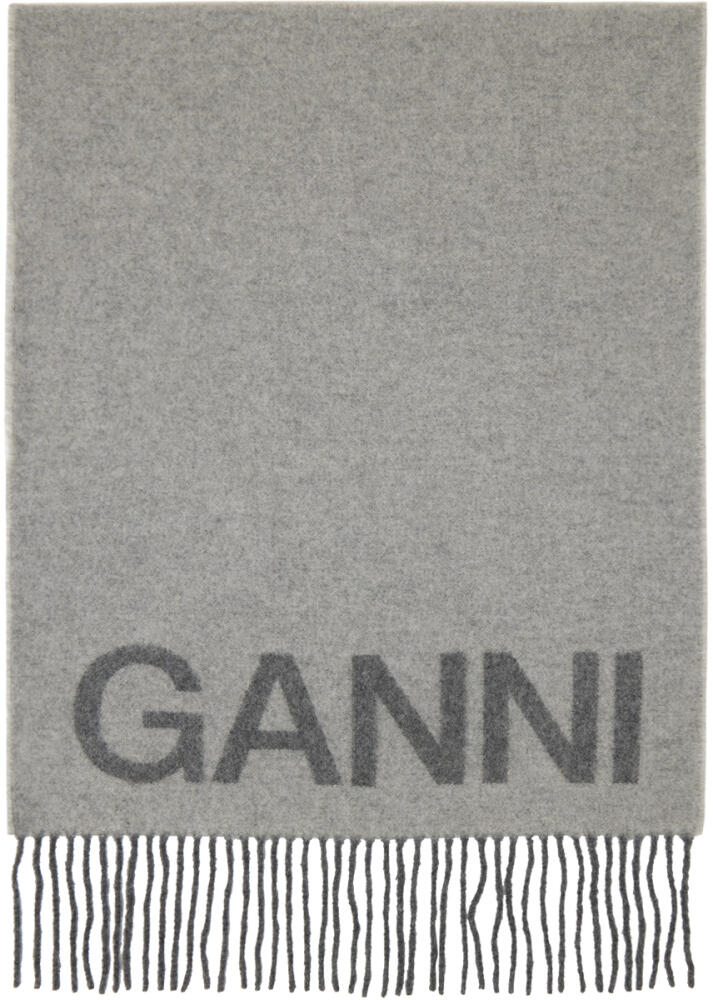 GANNI Gray Fringed Wool Scarf Cover